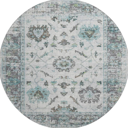 8' Teal Gray And Charcoal Oriental Washable Round Rug With UV Protection