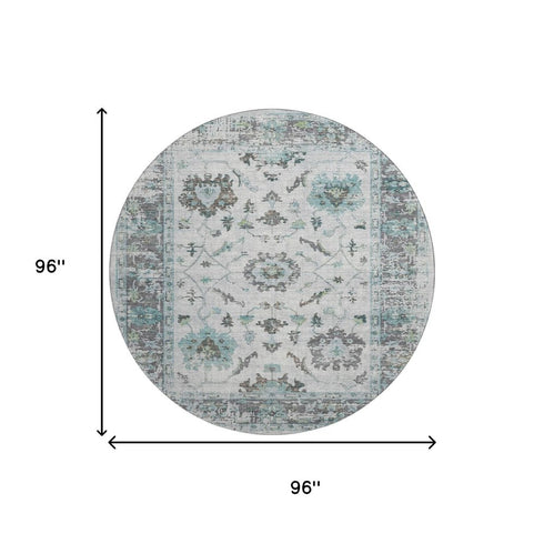 8' Teal Gray And Charcoal Oriental Washable Round Rug With UV Protection
