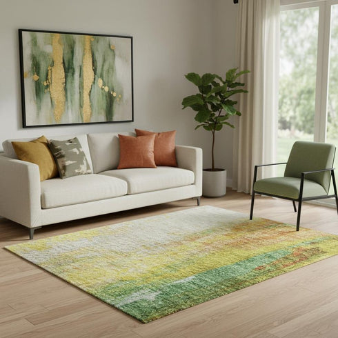 5' X 8' Green Gold And Orange Abstract Washable Area Rug With UV Protection