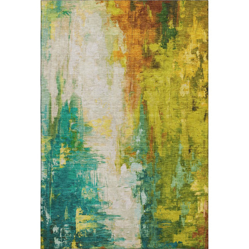 5' X 8' Green Gold And Orange Abstract Washable Area Rug With UV Protection