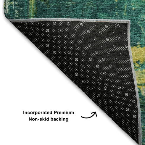 5' X 8' Green Gold And Orange Abstract Washable Area Rug With UV Protection