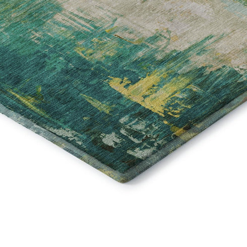 5' X 8' Green Gold And Orange Abstract Washable Area Rug With UV Protection