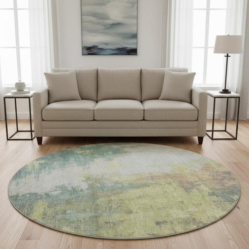 8' Pale Aqua Ivory And Teal Abstract Washable Round Rug With UV Protection