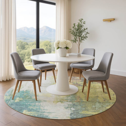 8' Pale Aqua Ivory And Teal Abstract Washable Round Rug With UV Protection