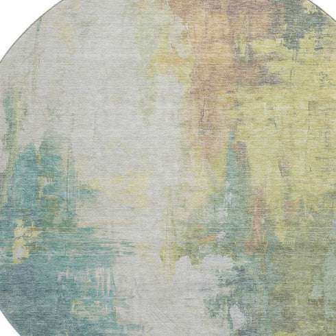 8' Pale Aqua Ivory And Teal Abstract Washable Round Rug With UV Protection