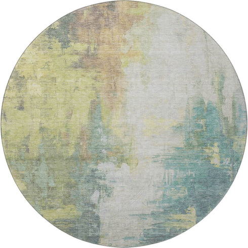 8' Pale Aqua Ivory And Teal Abstract Washable Round Rug With UV Protection