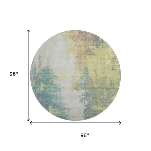 8' Pale Aqua Ivory And Teal Abstract Washable Round Rug With UV Protection