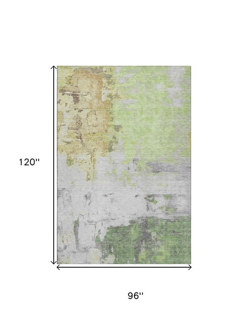 8' X 10' Artichoke Green Ivory And Gold Abstract Washable Area Rug With UV Protection