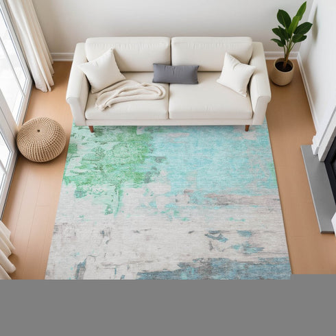 9' X 12' Teal Green And Ivory Abstract Washable Area Rug With UV Protection