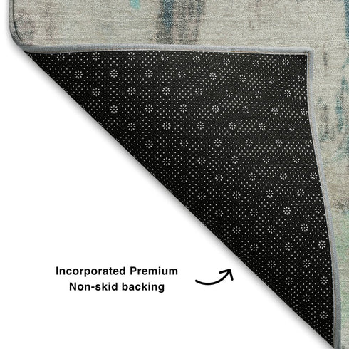 9' X 12' Teal Green And Ivory Abstract Washable Area Rug With UV Protection