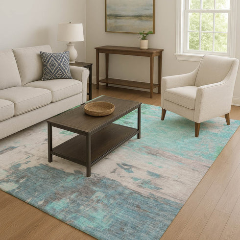 9' X 12' Teal Green And Ivory Abstract Washable Area Rug With UV Protection