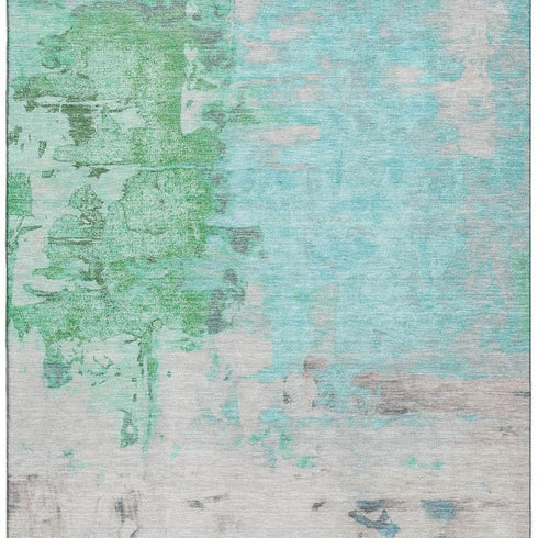 9' X 12' Teal Green And Ivory Abstract Washable Area Rug With UV Protection