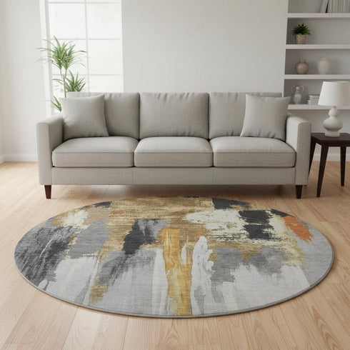 8' Black Gray And Brown Abstract Washable Round Rug With UV Protection