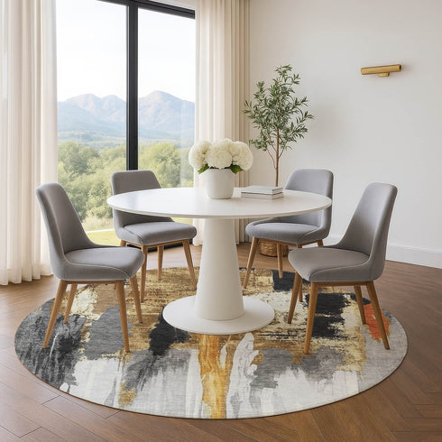 8' Black Gray And Brown Abstract Washable Round Rug With UV Protection