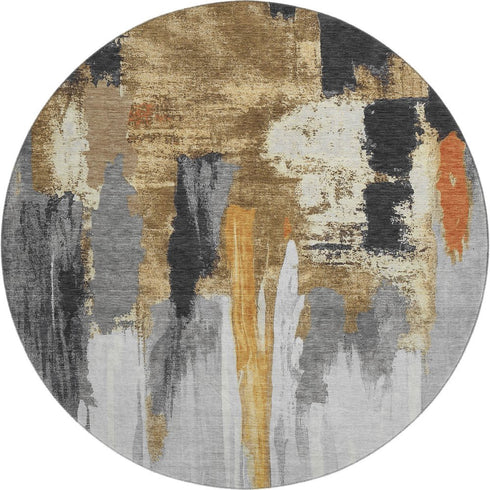 8' Black Gray And Brown Abstract Washable Round Rug With UV Protection