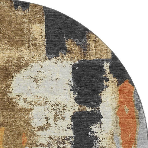 8' Black Gray And Brown Abstract Washable Round Rug With UV Protection