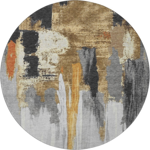 8' Black Gray And Brown Abstract Washable Round Rug With UV Protection