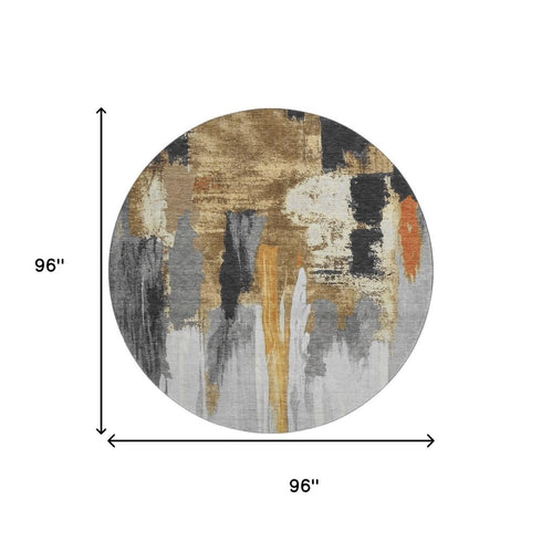 8' Black Gray And Brown Abstract Washable Round Rug With UV Protection