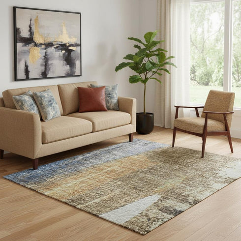 5' X 8' Navy Blue Ivory And Brown Abstract Washable Area Rug With UV Protection