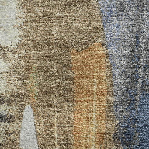 5' X 8' Navy Blue Ivory And Brown Abstract Washable Area Rug With UV Protection