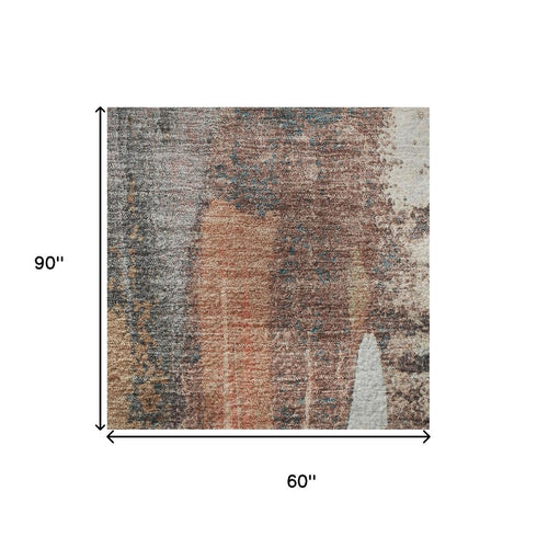 5' X 8' Terra Cotta Ivory And Gray Abstract Washable Area Rug With UV Protection