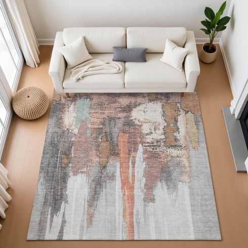 5' X 8' Terra Cotta Ivory And Gray Abstract Washable Area Rug With UV Protection