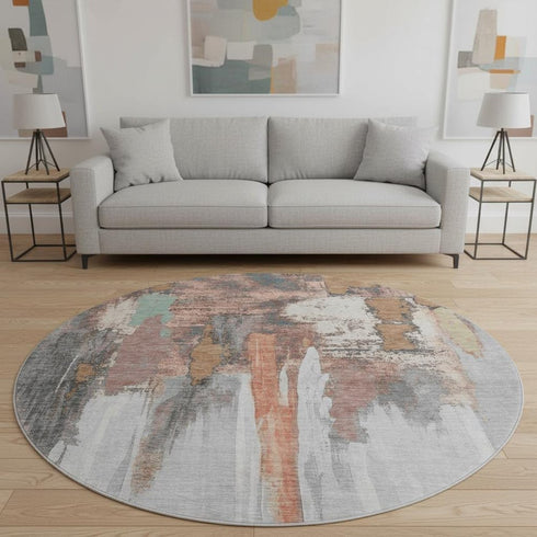 8' Terra Cotta Ivory And Gray Abstract Washable Round Rug With UV Protection