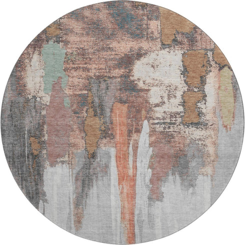 8' Terra Cotta Ivory And Gray Abstract Washable Round Rug With UV Protection