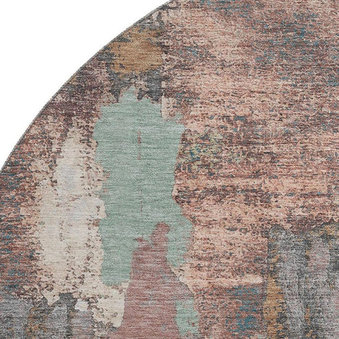 8' Terra Cotta Ivory And Gray Abstract Washable Round Rug With UV Protection