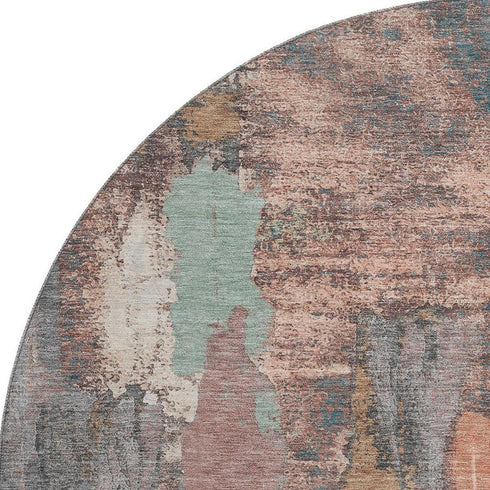 8' Terra Cotta Ivory And Gray Abstract Washable Round Rug With UV Protection