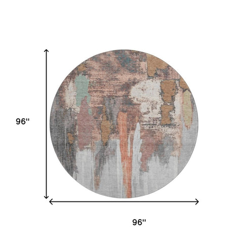8' Terra Cotta Ivory And Gray Abstract Washable Round Rug With UV Protection