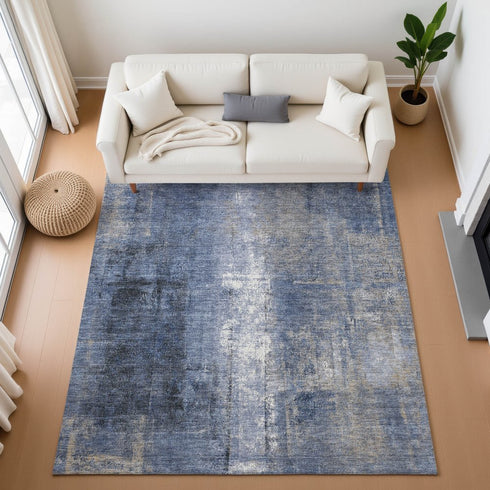 9' X 12' Navy Blue Charcoal And Ivory Abstract Washable Area Rug With UV Protection