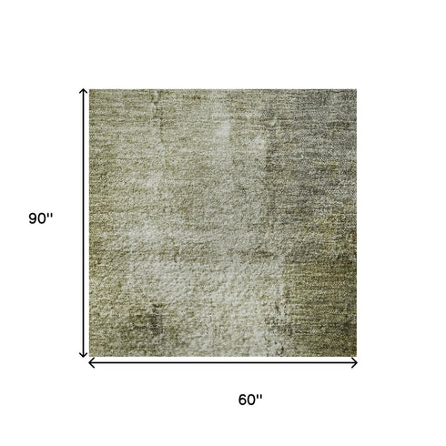 5' X 8' Olive Green Charcoal And Ivory Abstract Washable Area Rug With UV Protection