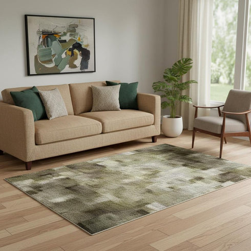 5' X 8' Olive Green Charcoal And Ivory Abstract Washable Area Rug With UV Protection