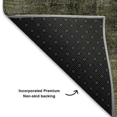 5' X 8' Olive Green Charcoal And Ivory Abstract Washable Area Rug With UV Protection