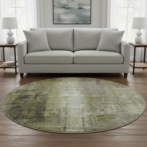 8' Olive Green Charcoal And Ivory Abstract Washable Round Rug With UV Protection