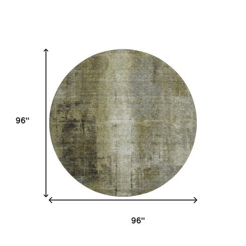 8' Olive Green Charcoal And Ivory Abstract Washable Round Rug With UV Protection