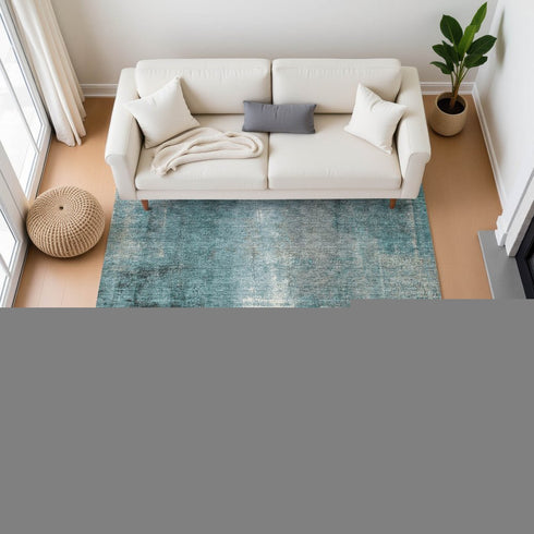 9' X 12' Teal Charcoal And Ivory Abstract Washable Area Rug With UV Protection
