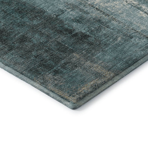 9' X 12' Teal Charcoal And Ivory Abstract Washable Area Rug With UV Protection