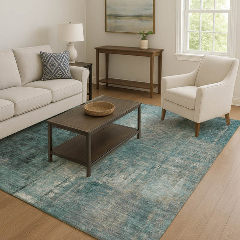 9' X 12' Teal Charcoal And Ivory Abstract Washable Area Rug With UV Protection