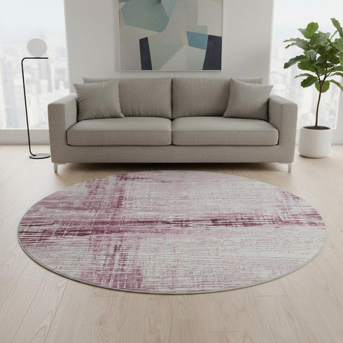 8' Blush And Ivory Striped Washable Round Rug With UV Protection