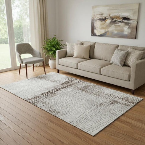 5' X 8' Taupe And Ivory Striped Washable Area Rug With UV Protection