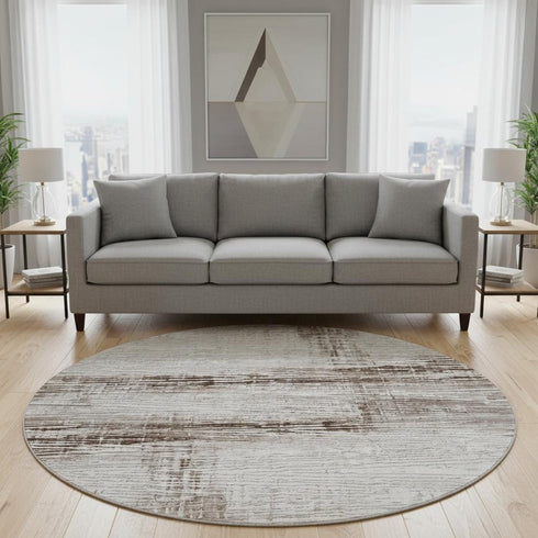 8' Taupe And Ivory Striped Washable Round Rug With UV Protection