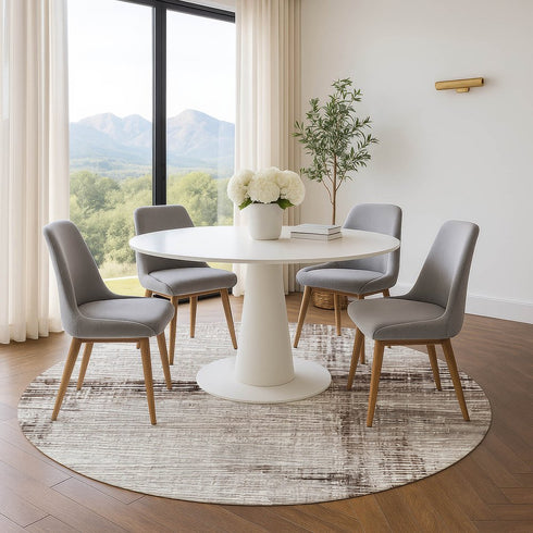 8' Taupe And Ivory Striped Washable Round Rug With UV Protection