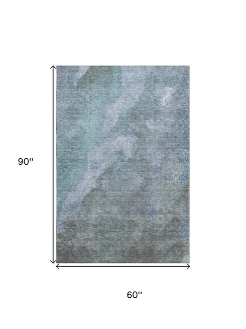5' X 8' Blue And Gray Abstract Washable Area Rug With UV Protection