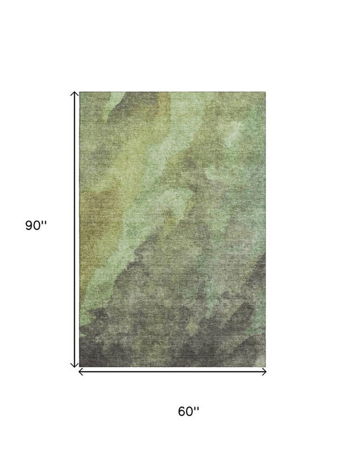 5' X 8' Green And Charcoal Abstract Washable Area Rug With UV Protection