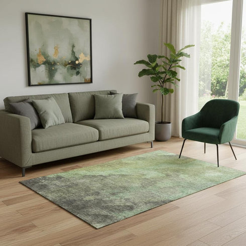 5' X 8' Green And Charcoal Abstract Washable Area Rug With UV Protection