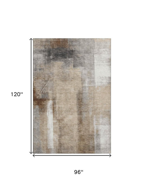 8' X 10' Beige Brown And Gray Abstract Washable Area Rug With UV Protection