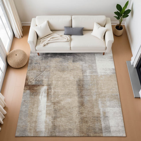 8' X 10' Beige Brown And Gray Abstract Washable Area Rug With UV Protection