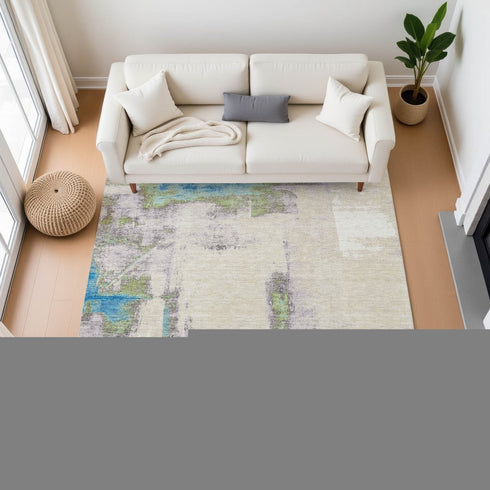 8' X 10' Linen Green And Blue Abstract Washable Area Rug With UV Protection